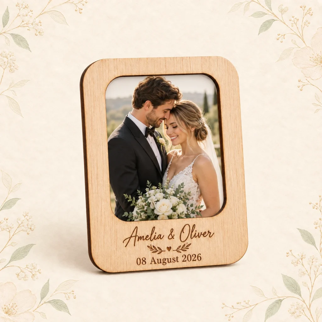 Wood wedding photo frame for Amelia and Oliver dated 8 August 2026