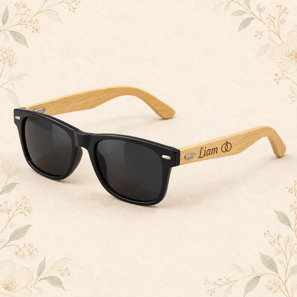 Bamboo temple wedding sunglasses engraved for Liam