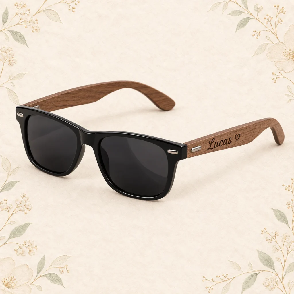 Walnut temple wedding sunglasses engraved for Lucas
