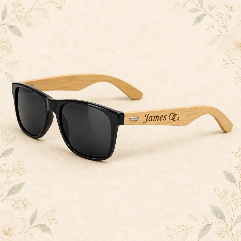 Bamboo temple wedding sunglasses engraved for James