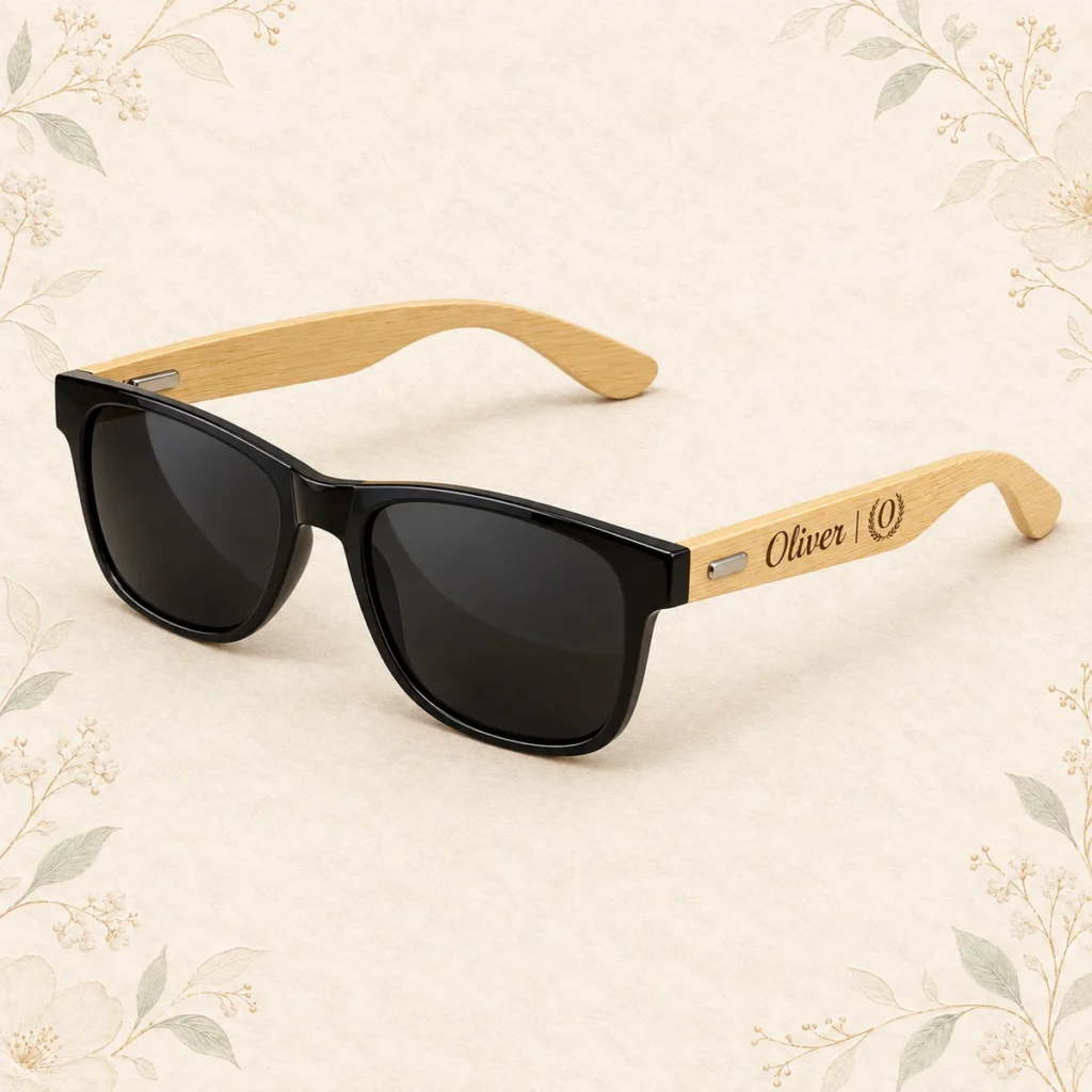 Bamboo temple wedding sunglasses engraved for Oliver