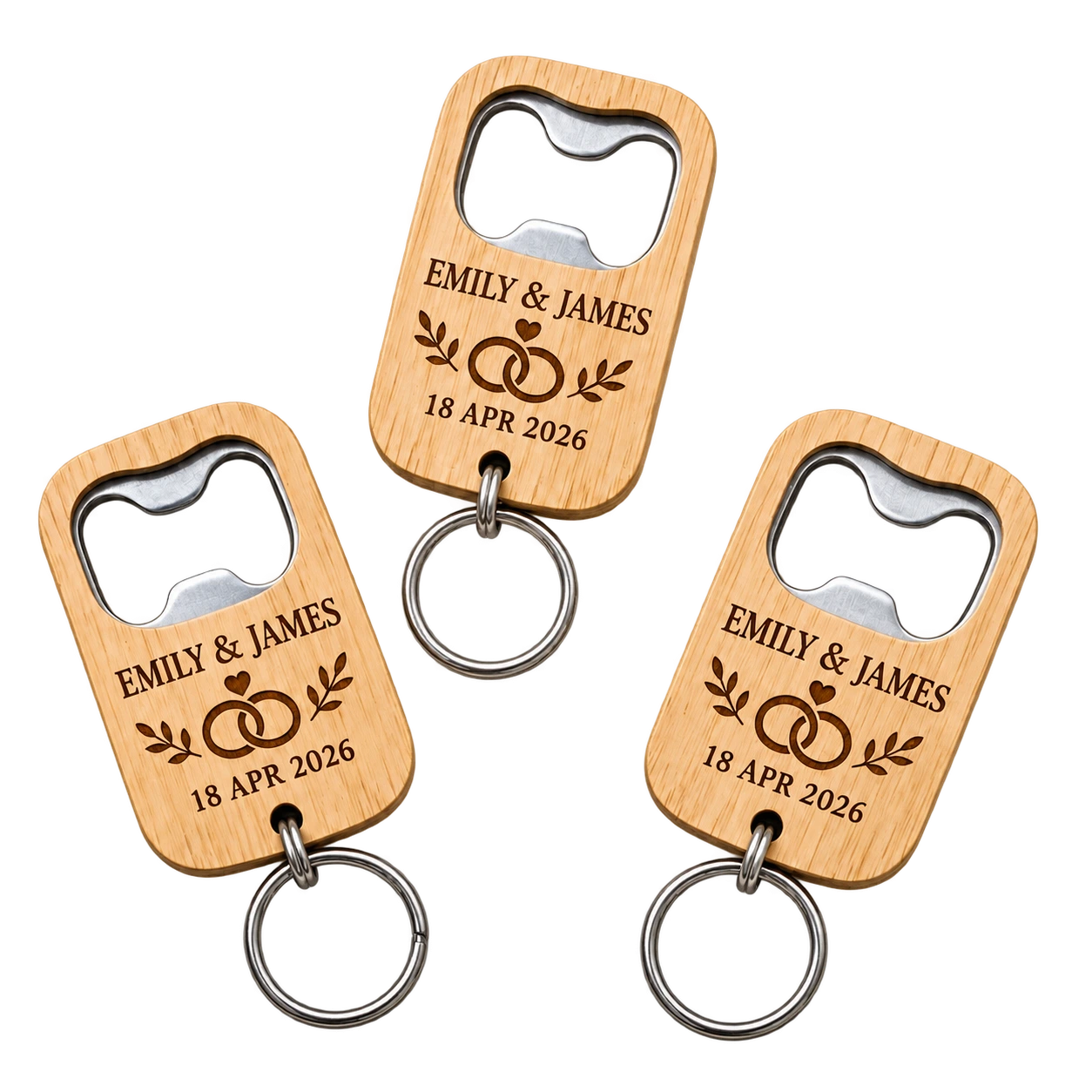 Bamboo bottle opener keychains for Emily and James dated 18 April 2026