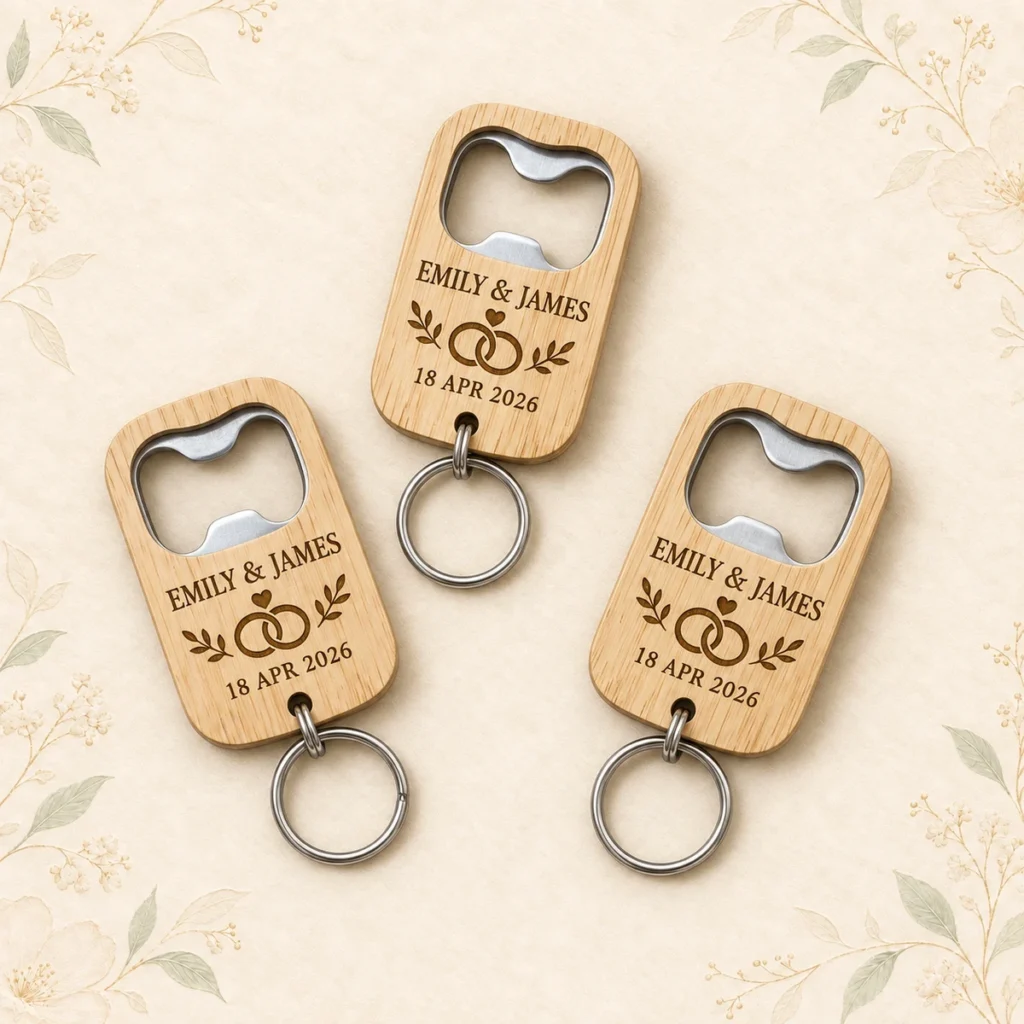 Bamboo bottle opener keychains for Emily and James dated 18 April 2026