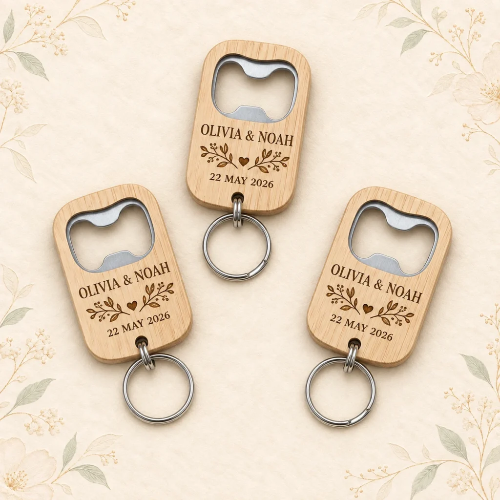 Floral wooden opener keychains for Olivia and Noah dated 22 May 2026