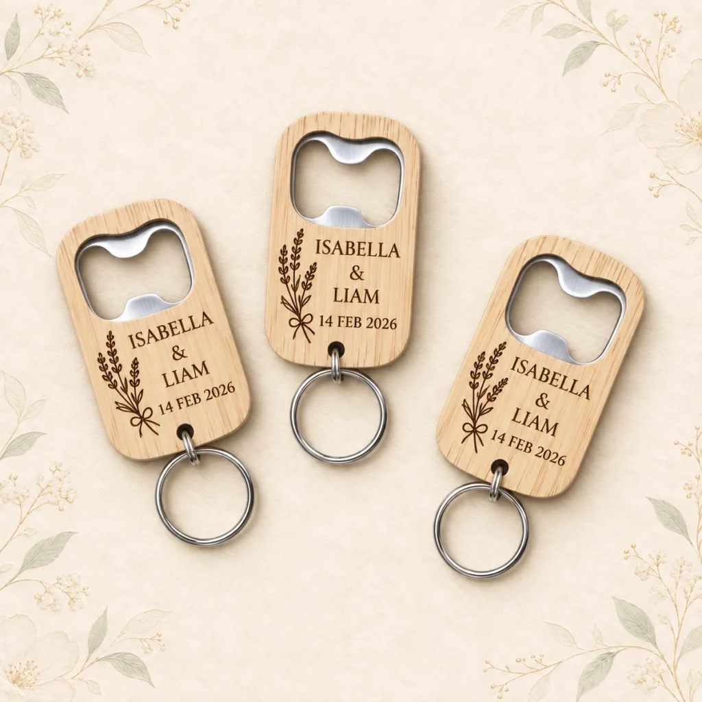 Lavender engraved opener keychains for Isabella and Liam dated 14 February 2026