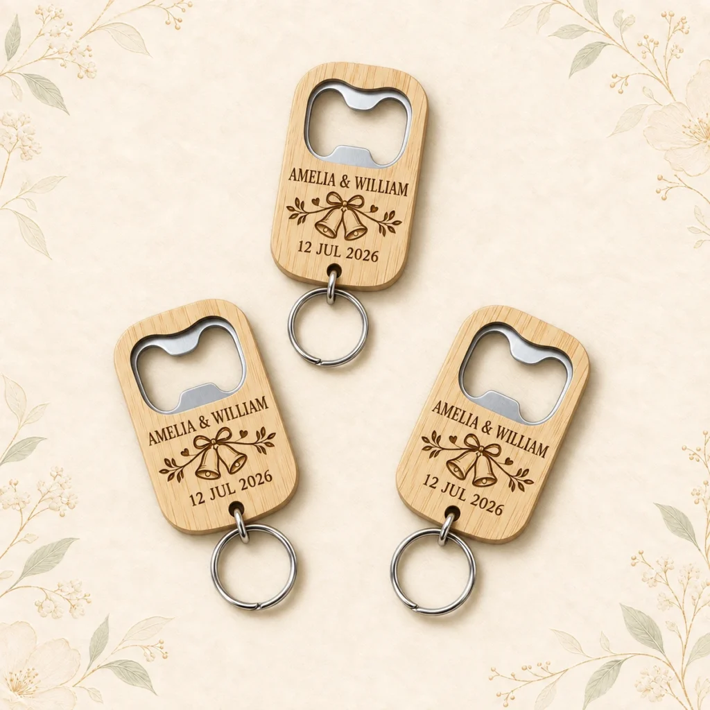 Wedding-bell opener keychains for Amelia and William dated 12 July 2026