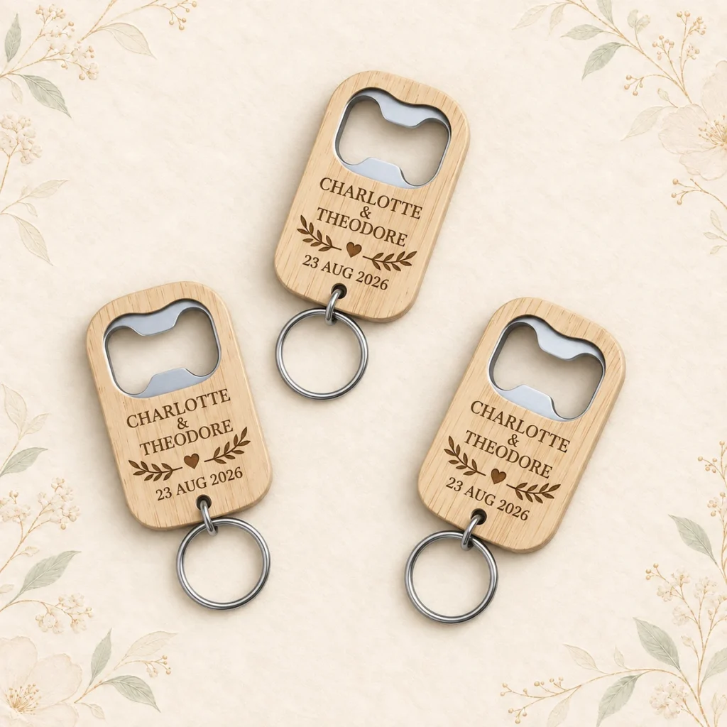 Sage laurel opener keychains for Charlotte and Theodore dated 23 August 2026