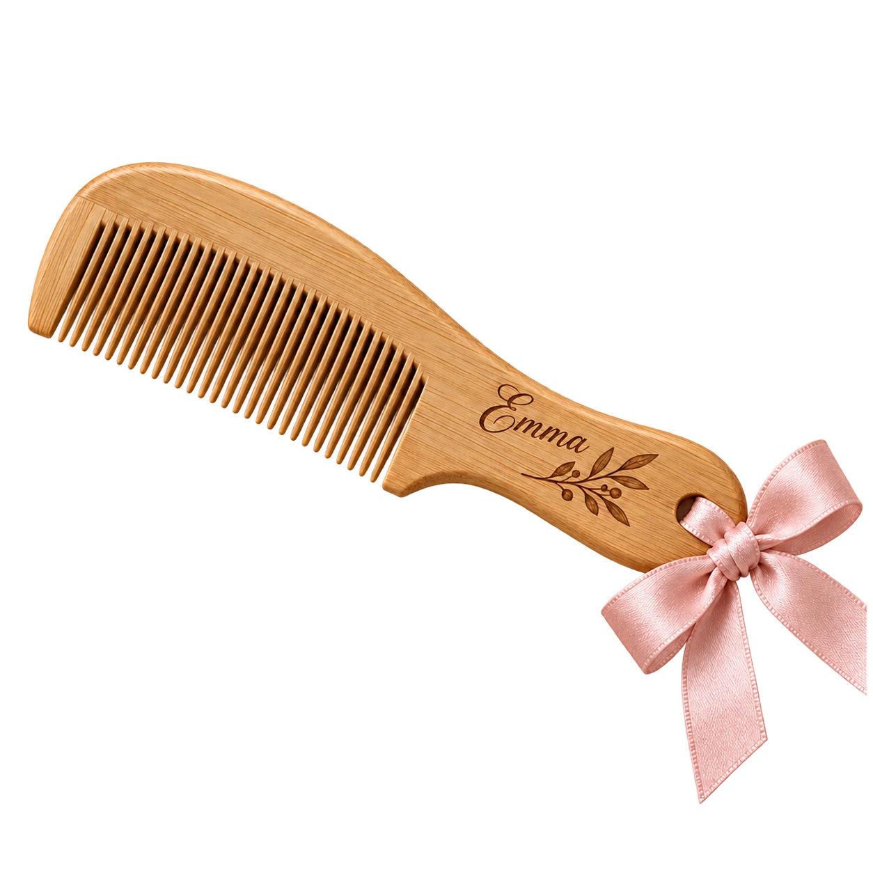 Wooden wedding favor comb engraved Emma with olive branch