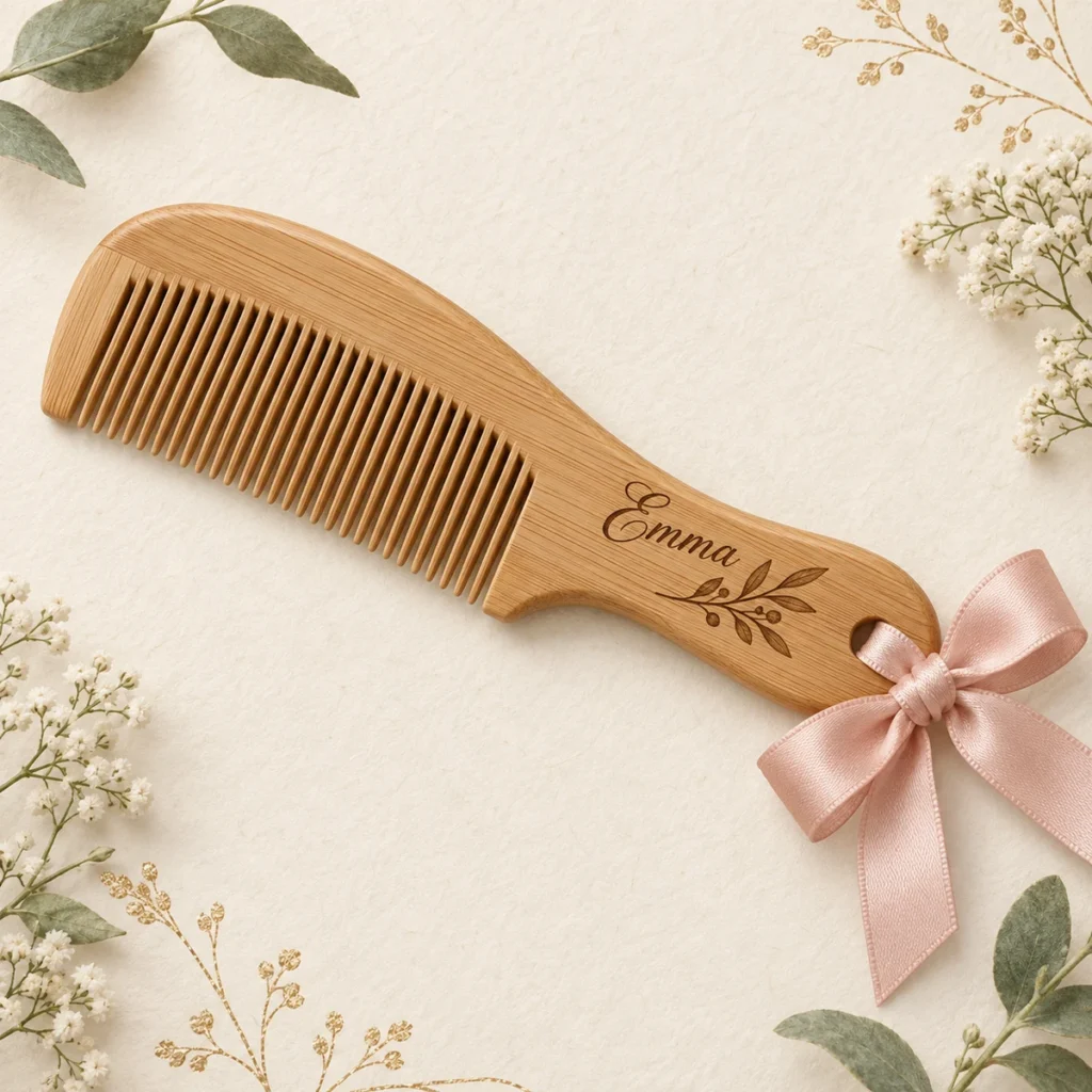 Wooden wedding favor comb engraved Emma with olive branch