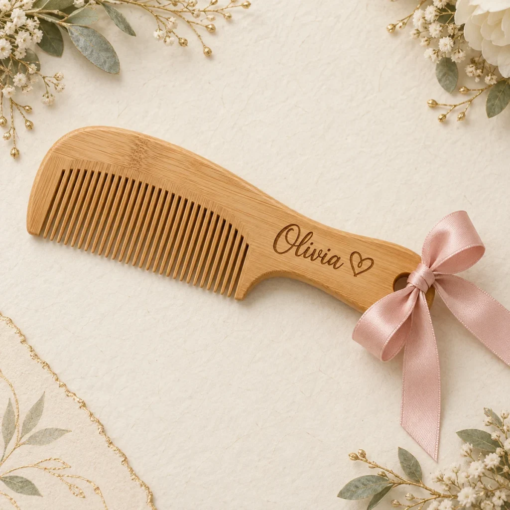 Wooden wedding favor comb engraved Olivia with heart