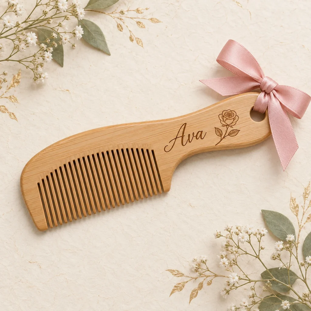 Wooden wedding favor comb engraved Ava with rose