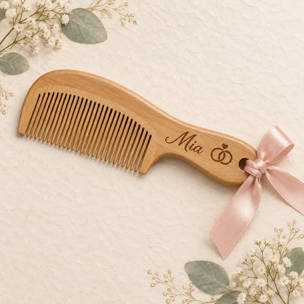 Wooden wedding favor comb engraved Mia with wedding rings