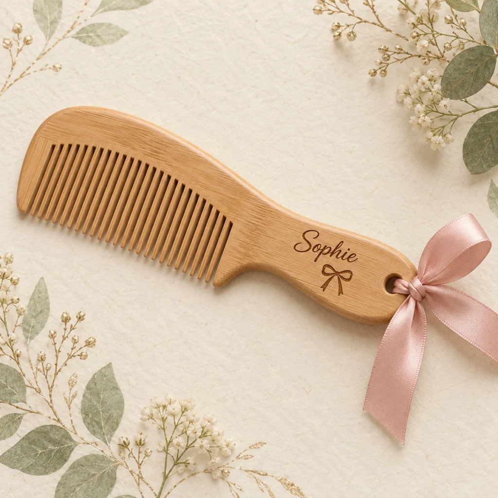 Wooden wedding favor comb engraved Sophie with bow