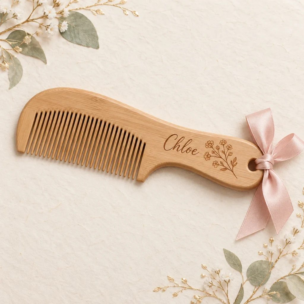 Wooden wedding favor comb engraved Chloe with floral sprig