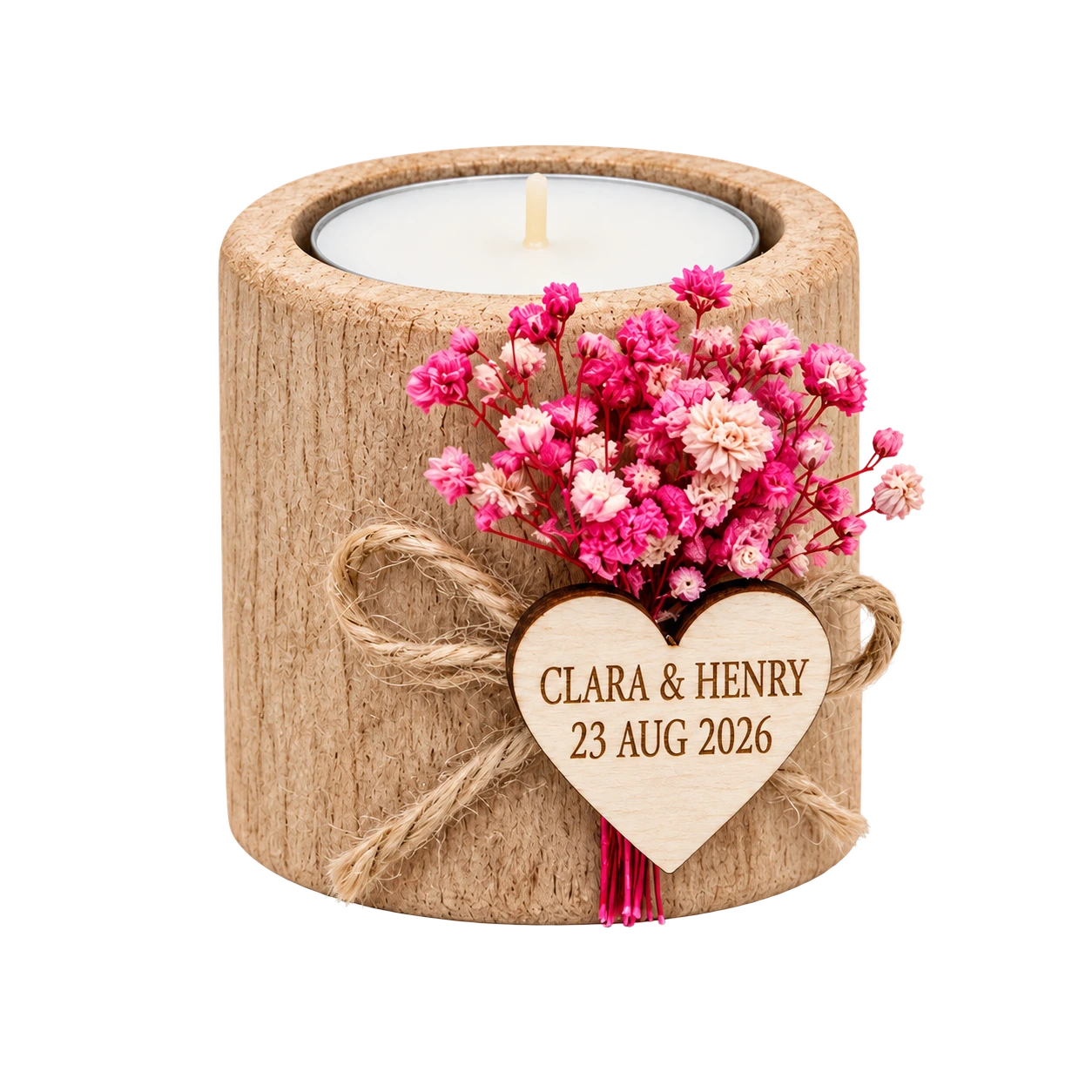 Blush flower wooden tealight wedding favor for Clara and Henry