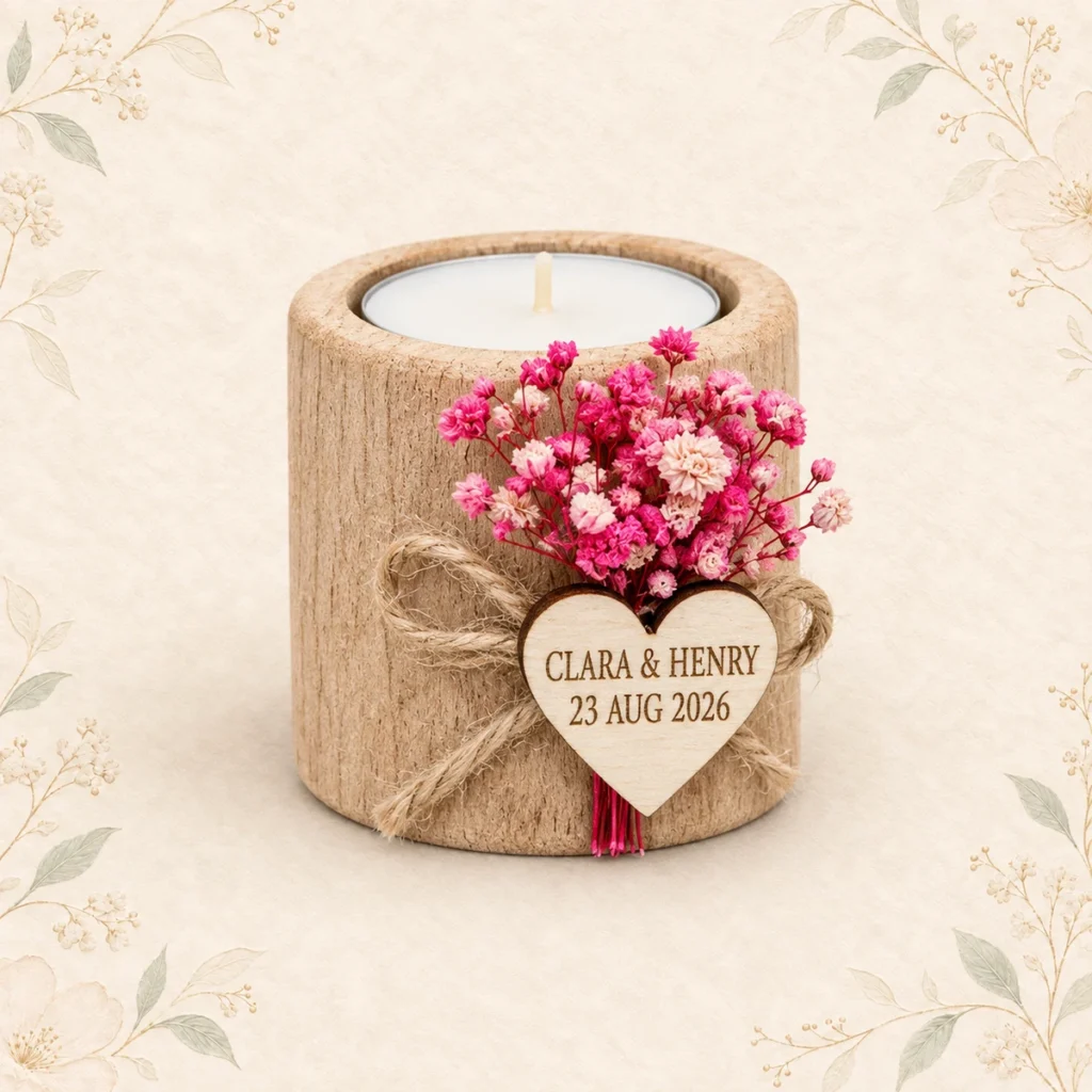 Blush flower wooden tealight wedding favor for Clara and Henry