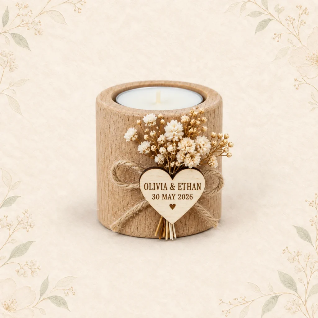 Ivory flower wooden tealight wedding favor for Olivia and Ethan