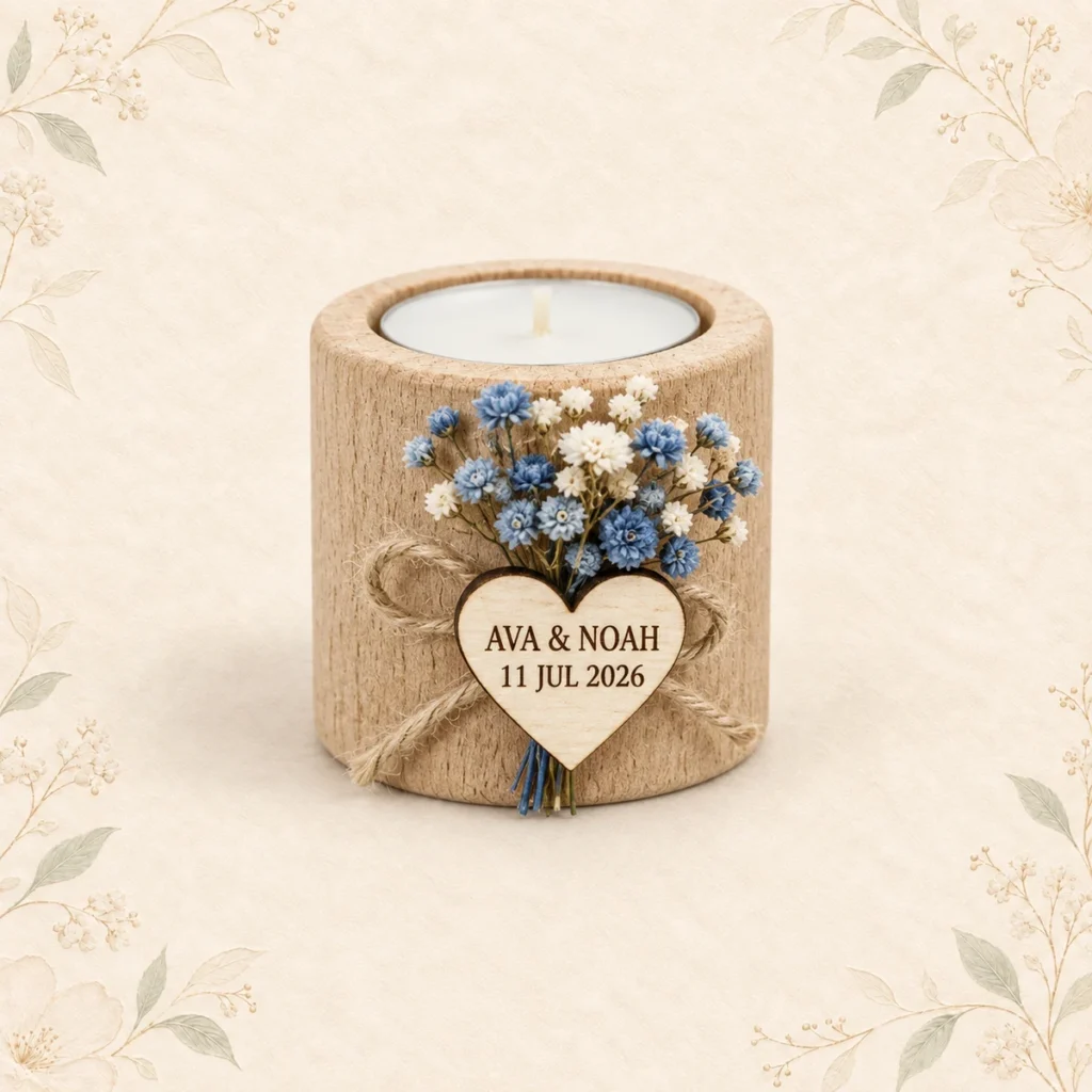 Blue flower wooden tealight wedding favor for Ava and Noah