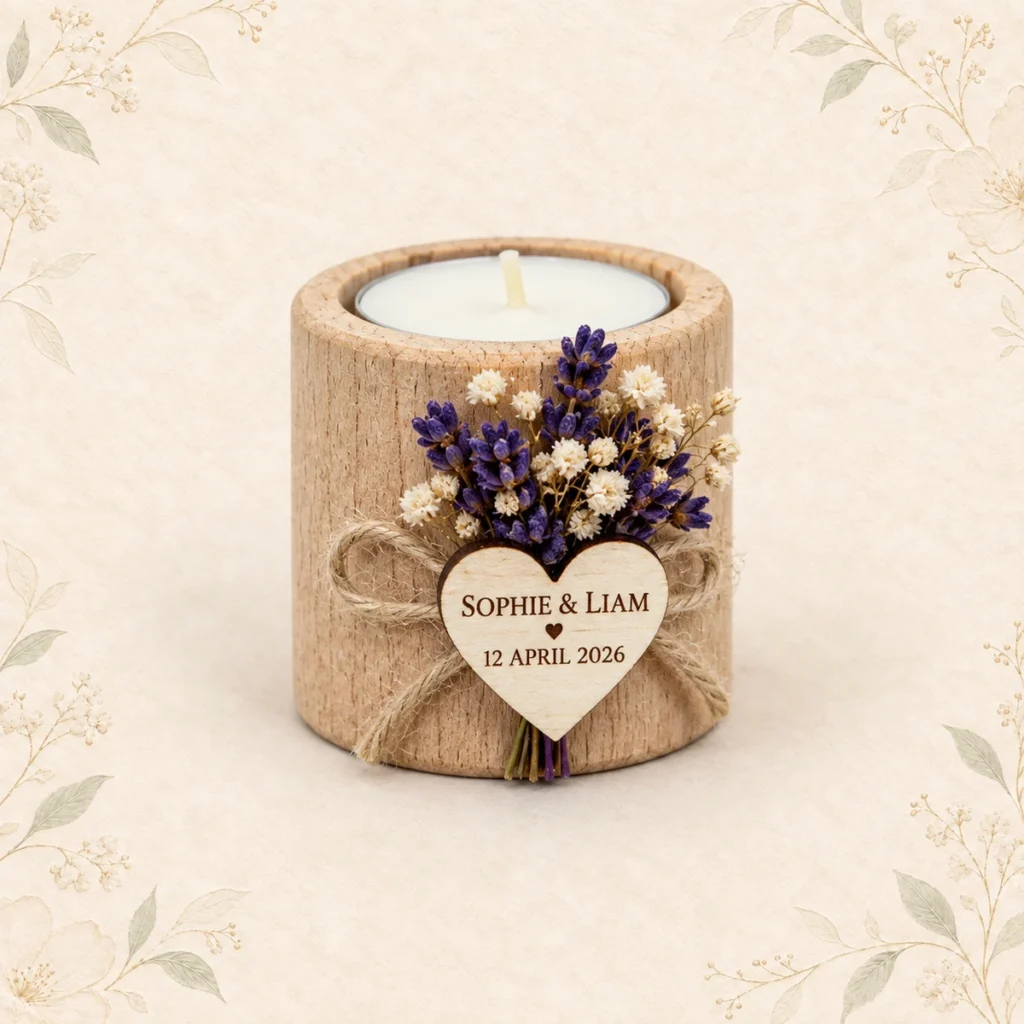 Lavender wooden tealight wedding favor for Sophie and Liam