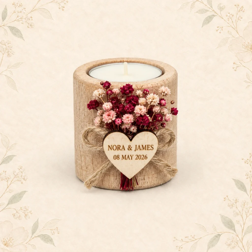 Burgundy wooden tealight wedding favor for Nora and James