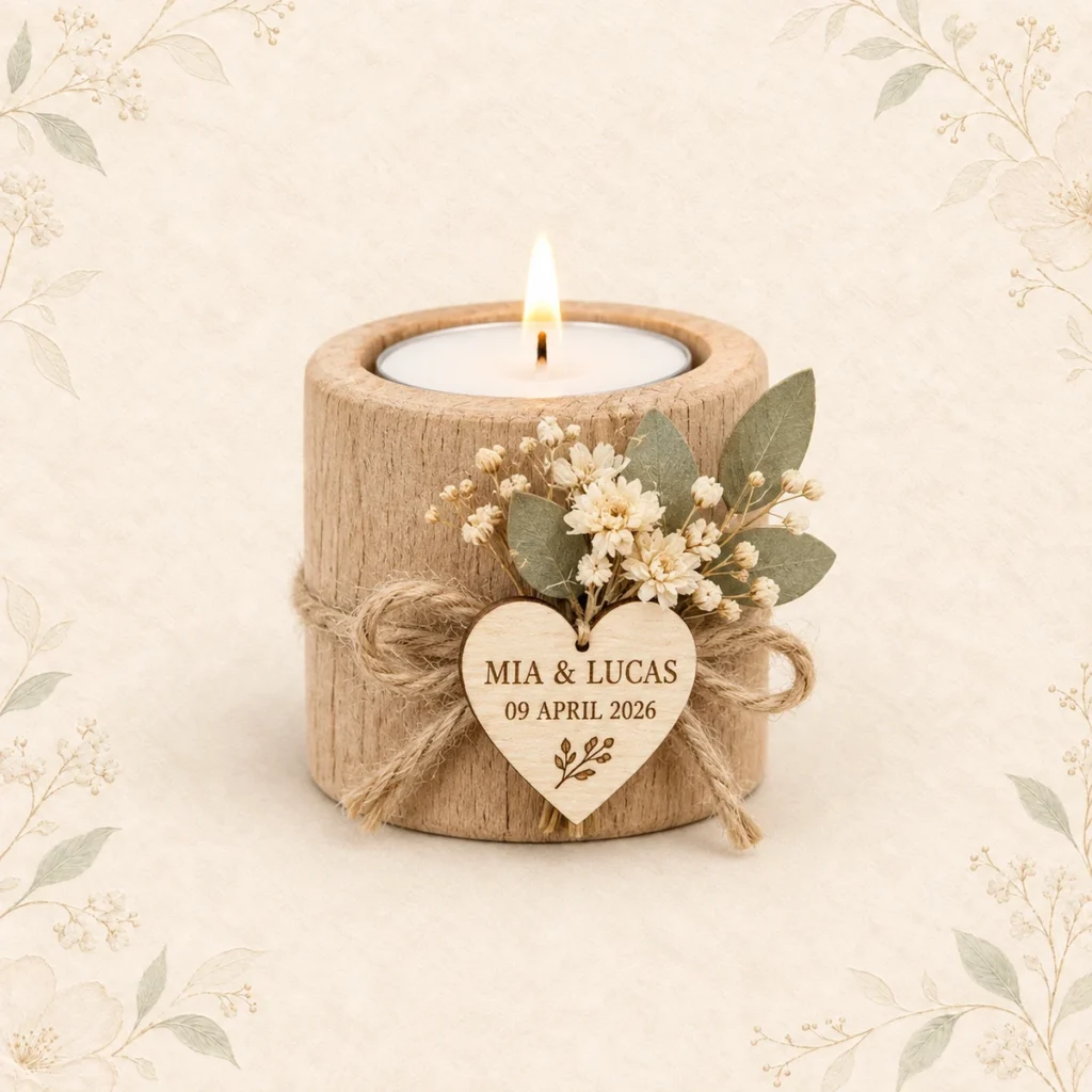 Sage wooden tealight wedding favor for Mia and Lucas