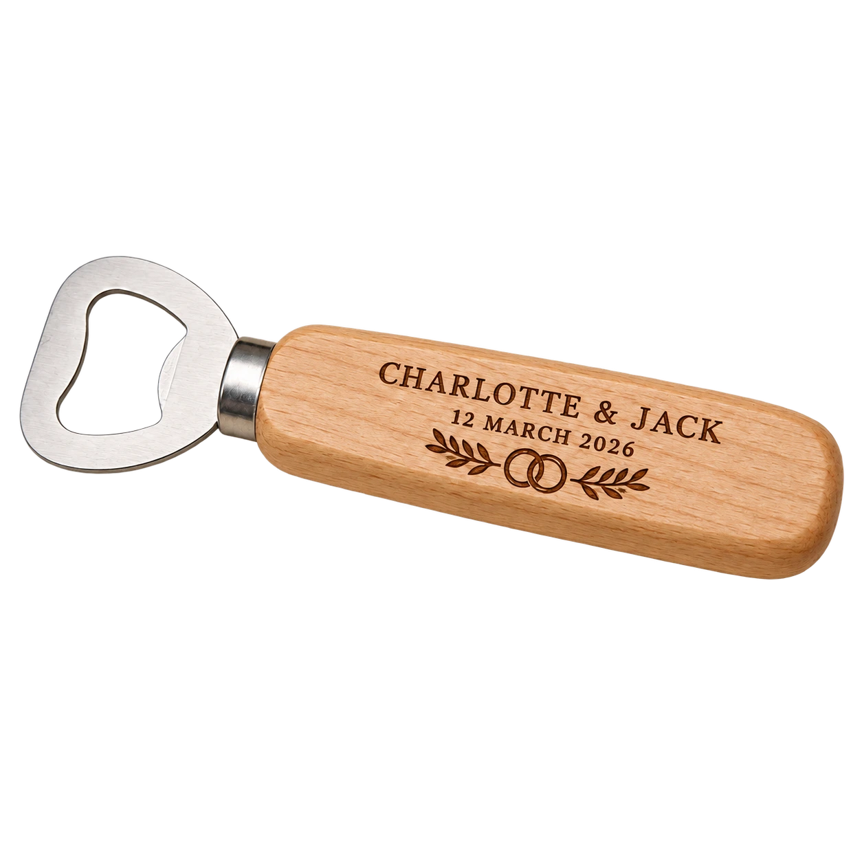 Light maple personalized wooden wedding bottle opener engraved for Charlotte and Jack