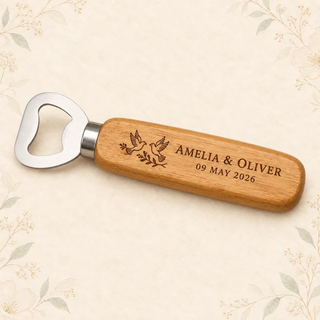 Honey bamboo personalized wooden wedding bottle opener engraved for Amelia and Oliver