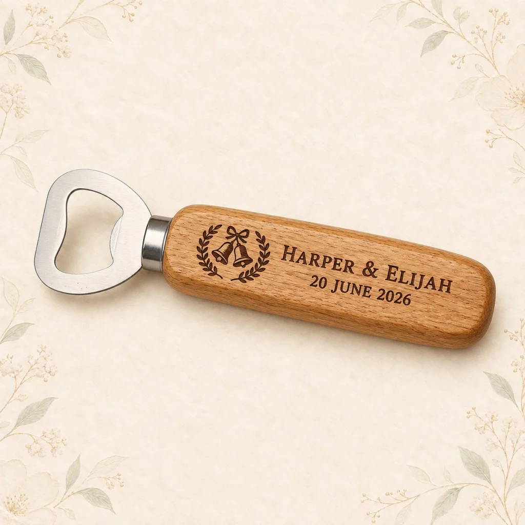 Light oak personalized wooden wedding bottle opener engraved for Harper and Elijah