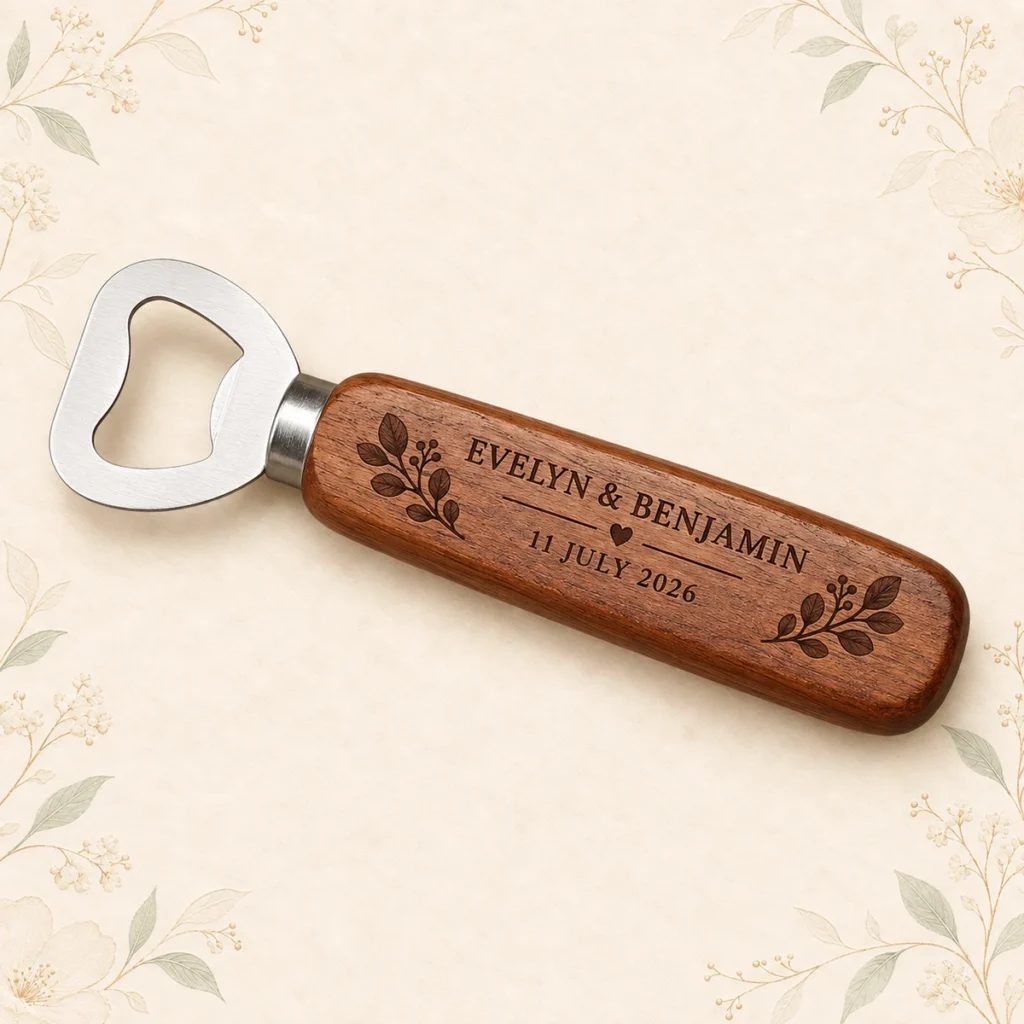 Dark walnut personalized wooden wedding bottle opener engraved for Evelyn and Benjamin