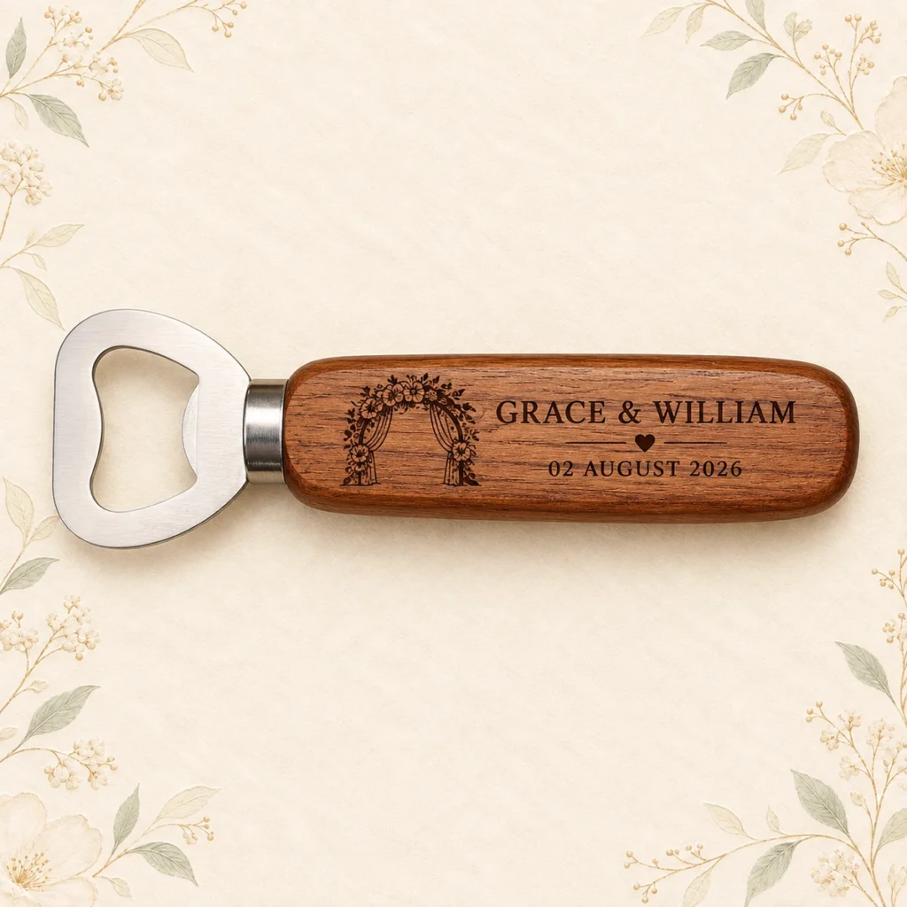 Walnut personalized wooden wedding bottle opener engraved for Grace and William