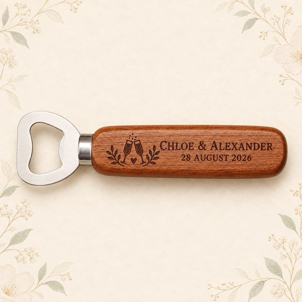 Mahogany personalized wooden wedding bottle opener engraved for Chloe and Alexander