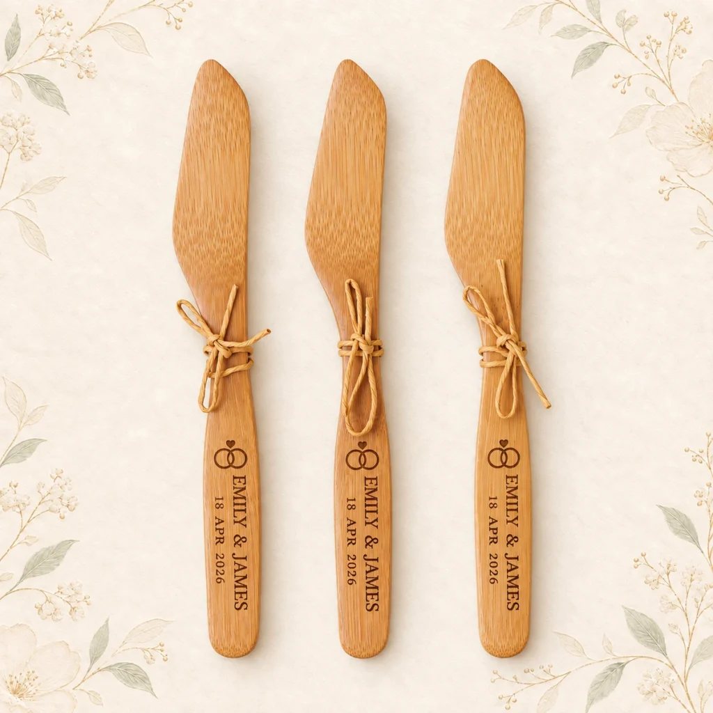 Engraved bamboo wedding butter knives for Emily and James dated 18 April 2026