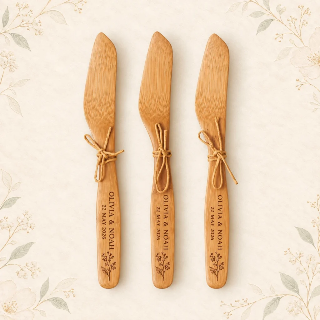 Floral engraved wooden butter knives for Olivia and Noah dated 22 May 2026