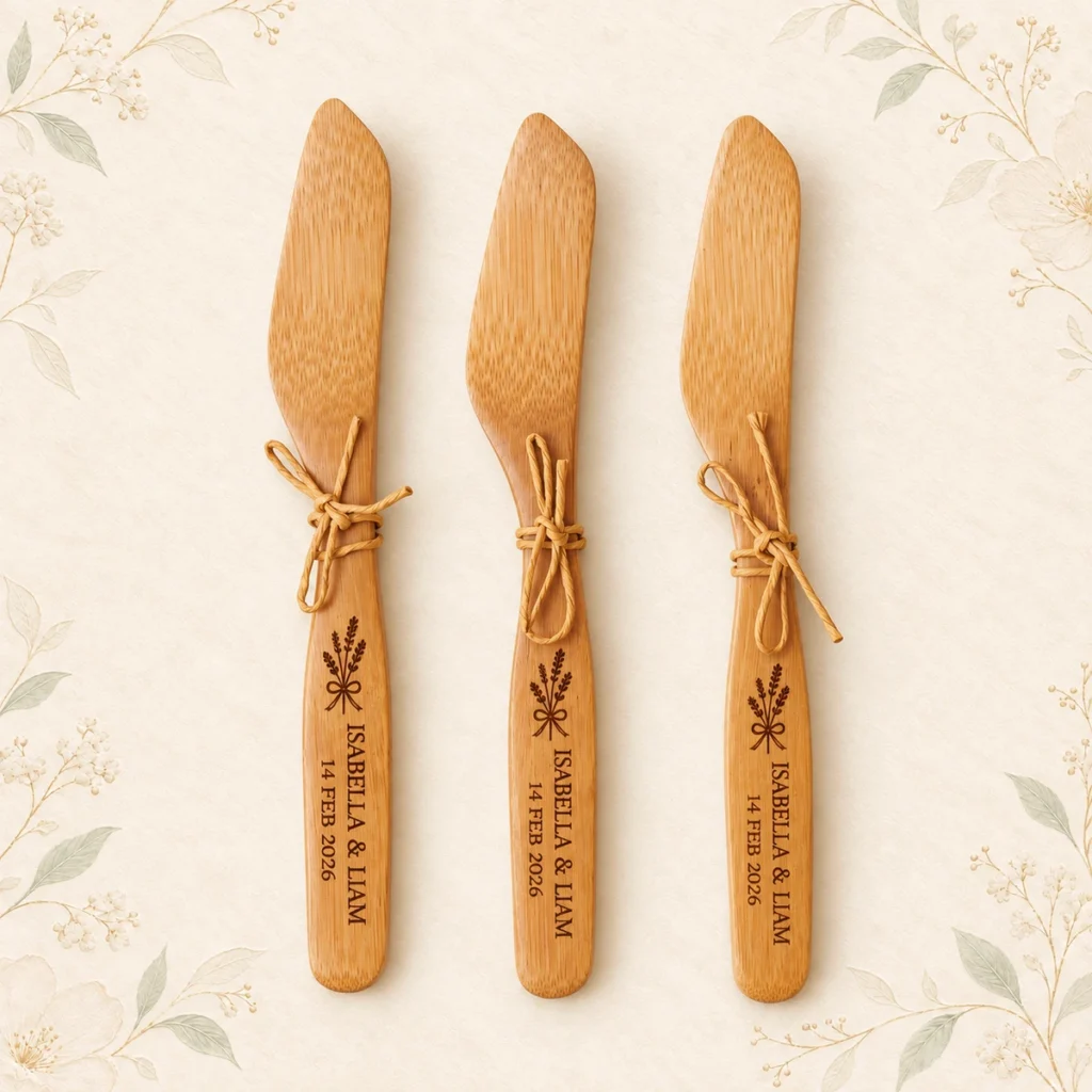 Lavender engraved butter knives for Isabella and Liam dated 14 February 2026