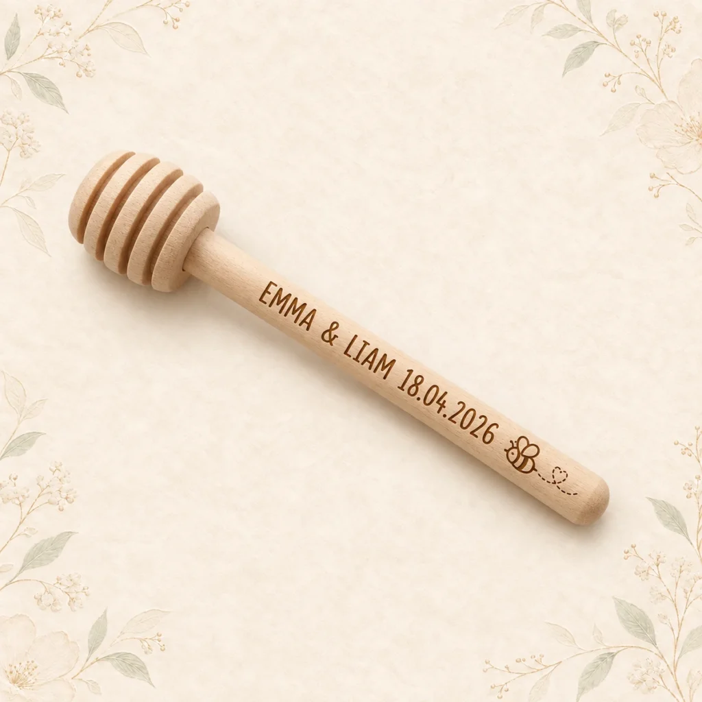 Wooden honey dipper for Emma and Liam dated 18 April 2026 with bee motif