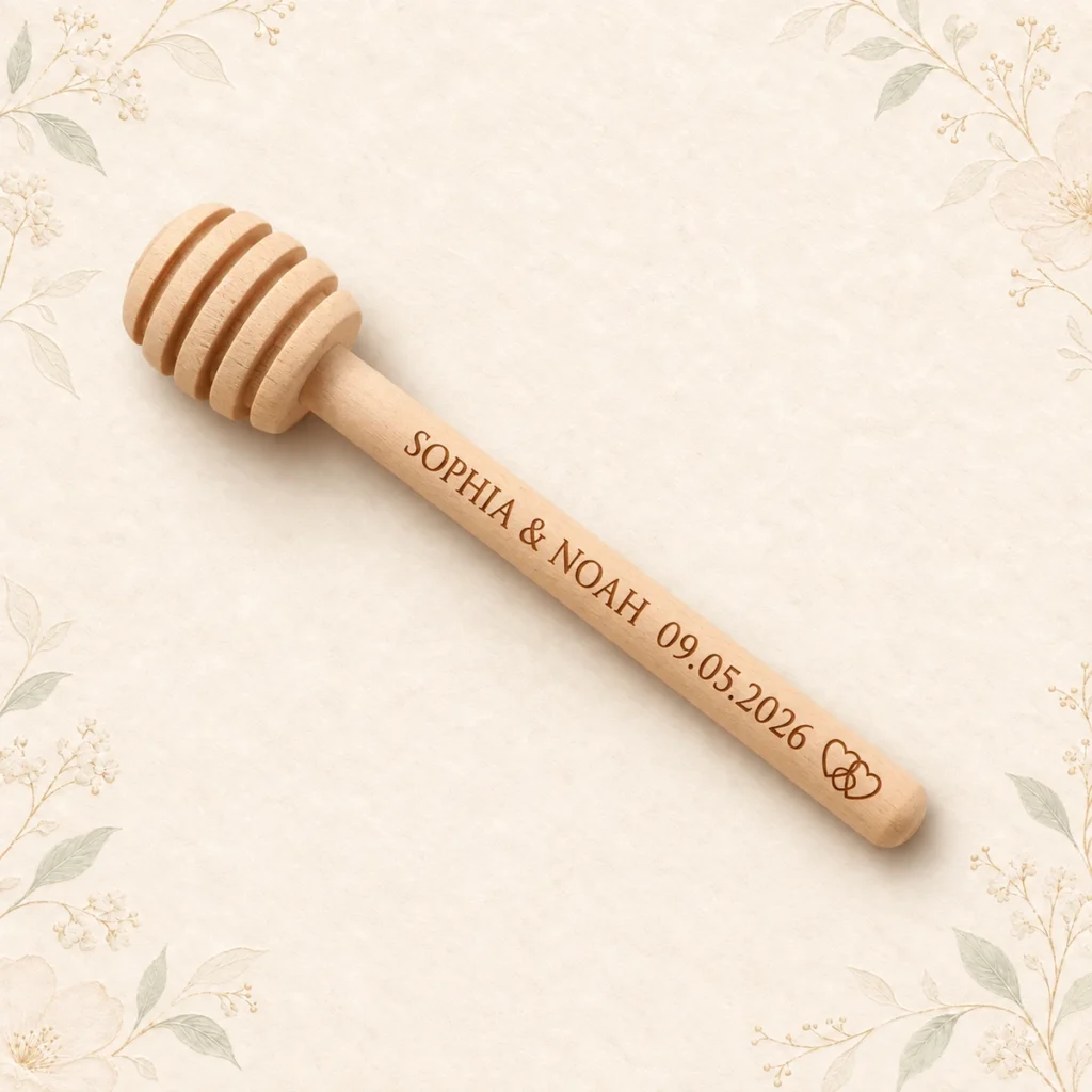 Wooden honey dipper for Sophia and Noah dated 9 May 2026 with linked hearts