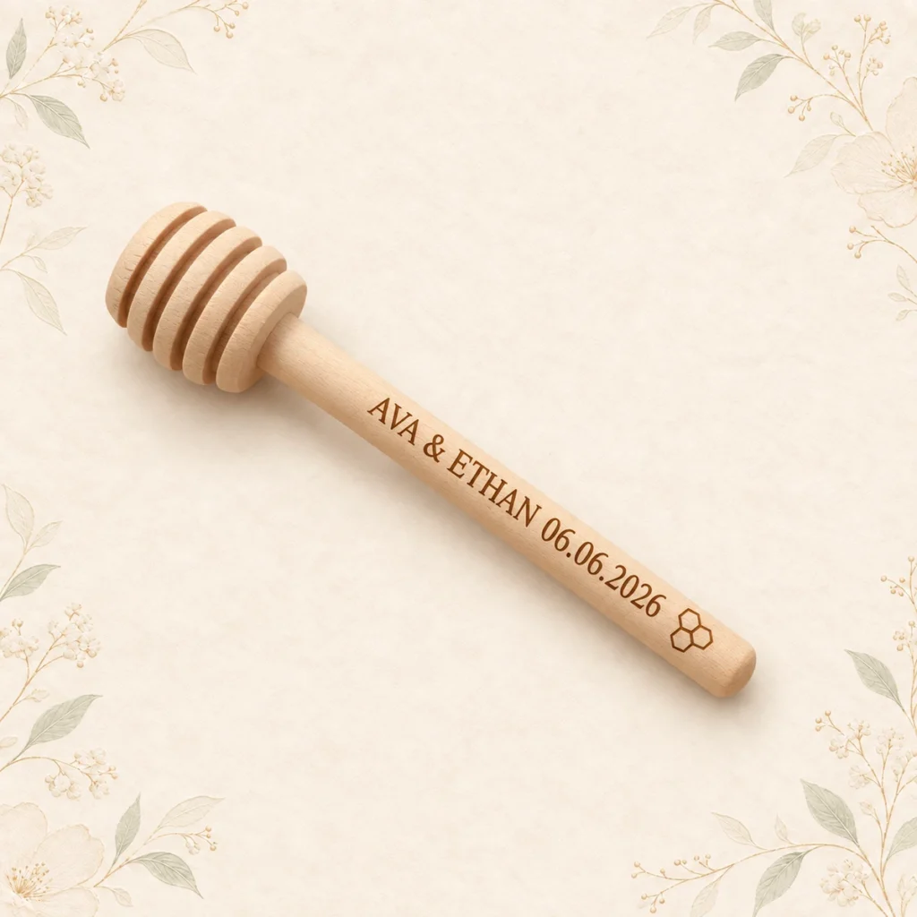 Wooden honey dipper for Ava and Ethan dated 6 June 2026 with honeycomb motif