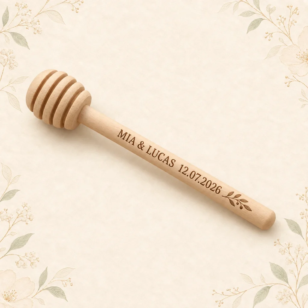 Wooden honey dipper for Mia and Lucas dated 12 July 2026 with olive branch