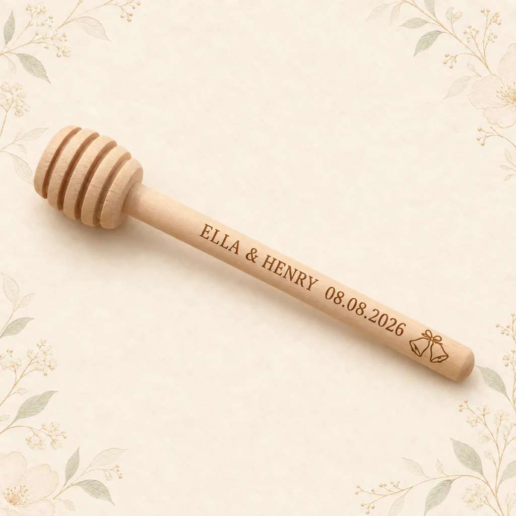 Wooden honey dipper for Ella and Henry dated 8 August 2026 with wedding bells