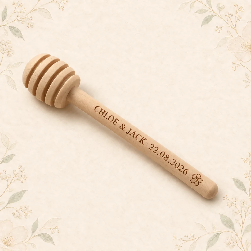 Wooden honey dipper for Chloe and Jack dated 22 August 2026 with flower motif