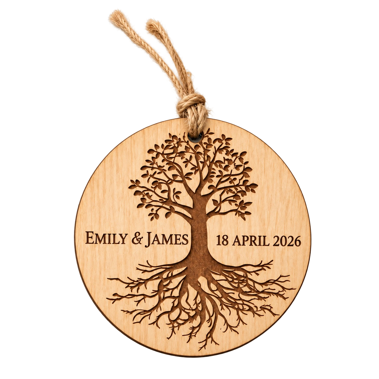 Tree-of-life wooden ornament for Emily and James dated 18 April 2026