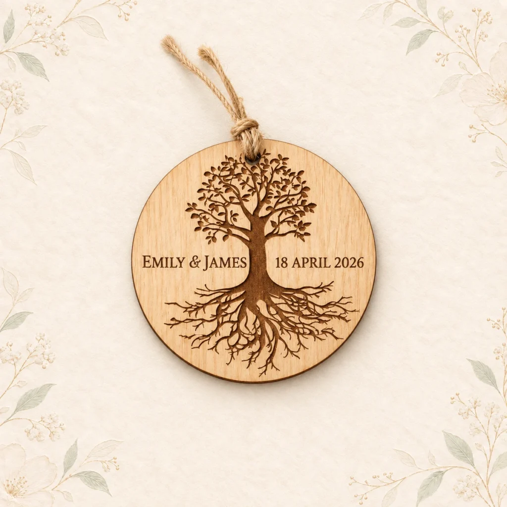 Tree-of-life wooden ornament for Emily and James dated 18 April 2026