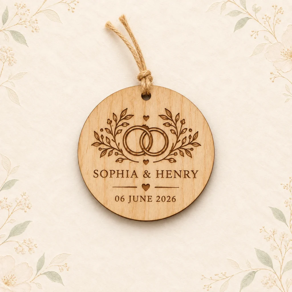 Interlocking-rings wood ornament for Sophia and Henry dated 6 June 2026