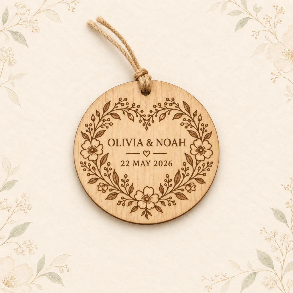 Floral-heart wooden ornament for Olivia and Noah dated 22 May 2026