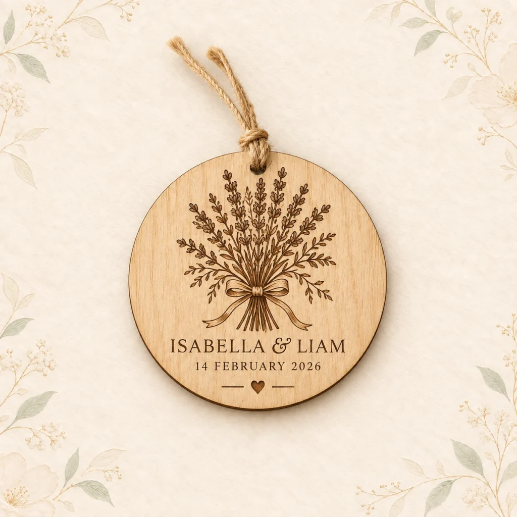Lavender engraved wedding ornament for Isabella and Liam dated 14 February 2026