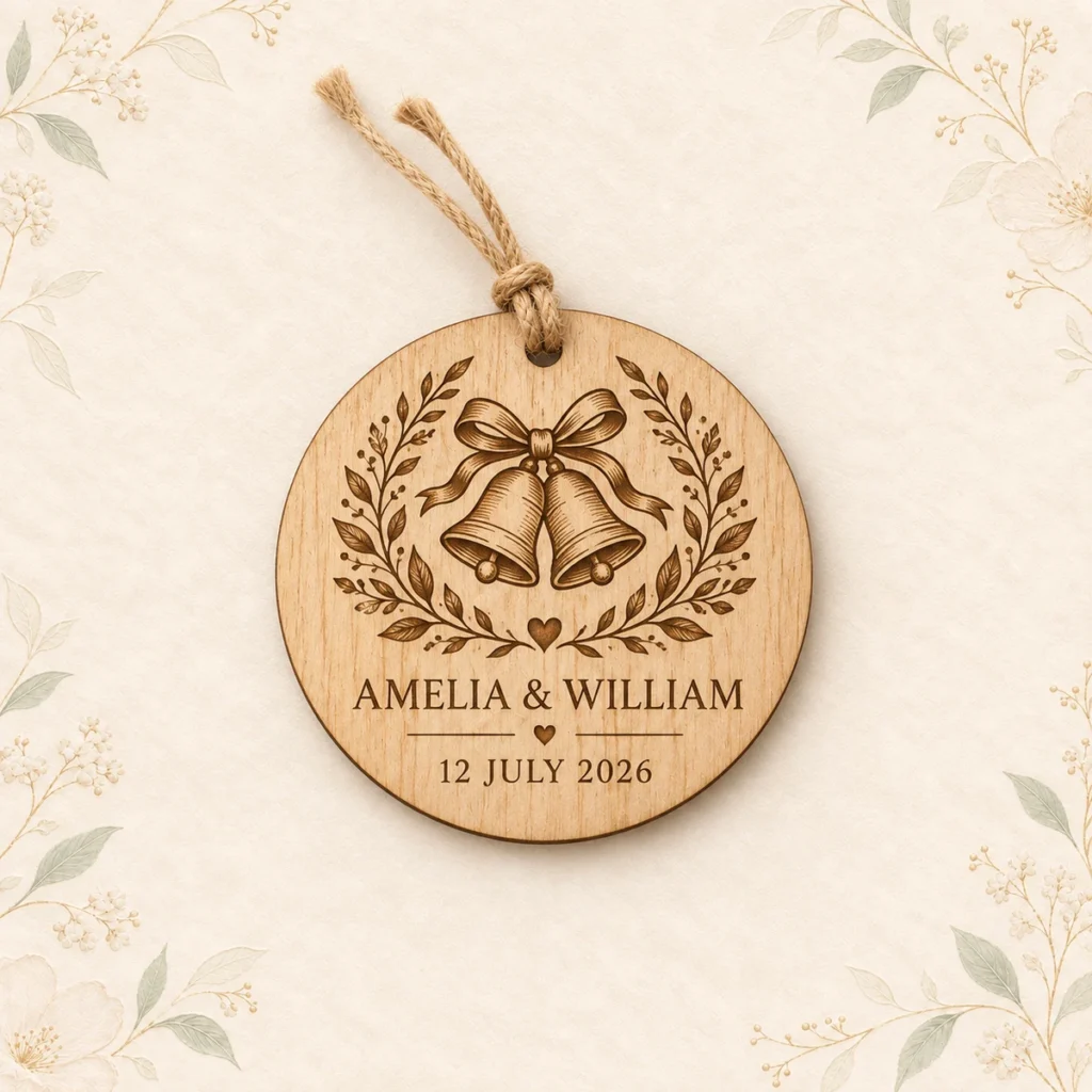 Wedding-bells wooden ornament for Amelia and William dated 12 July 2026