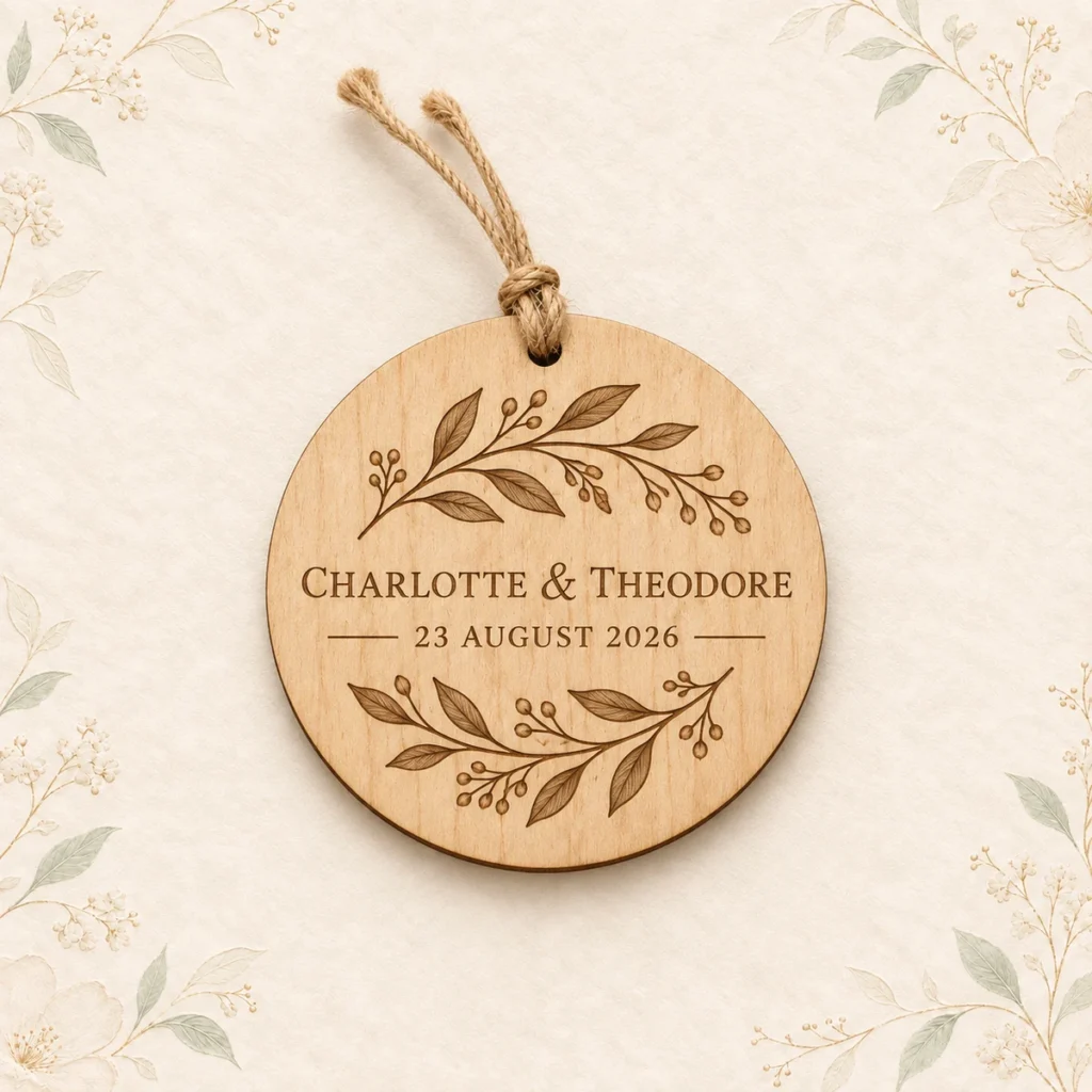 Sage branch wood ornament for Charlotte and Theodore dated 23 August 2026