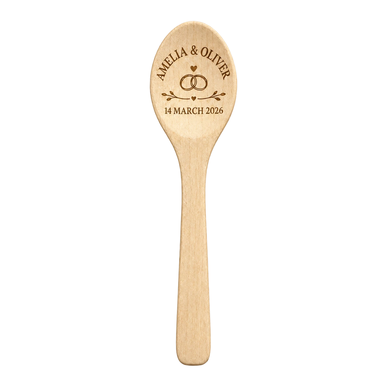 Wooden wedding spoon for Amelia and Oliver dated 14 March 2026