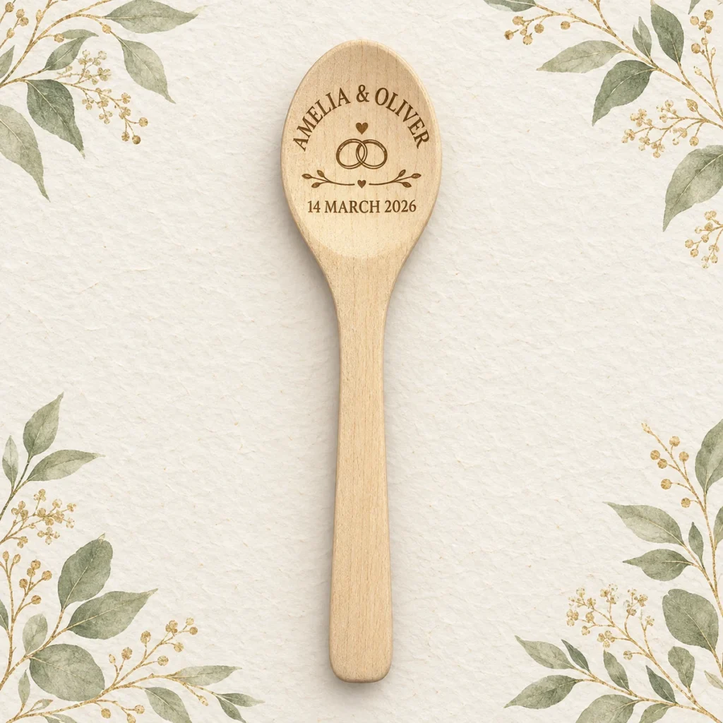 Wooden wedding spoon for Amelia and Oliver dated 14 March 2026