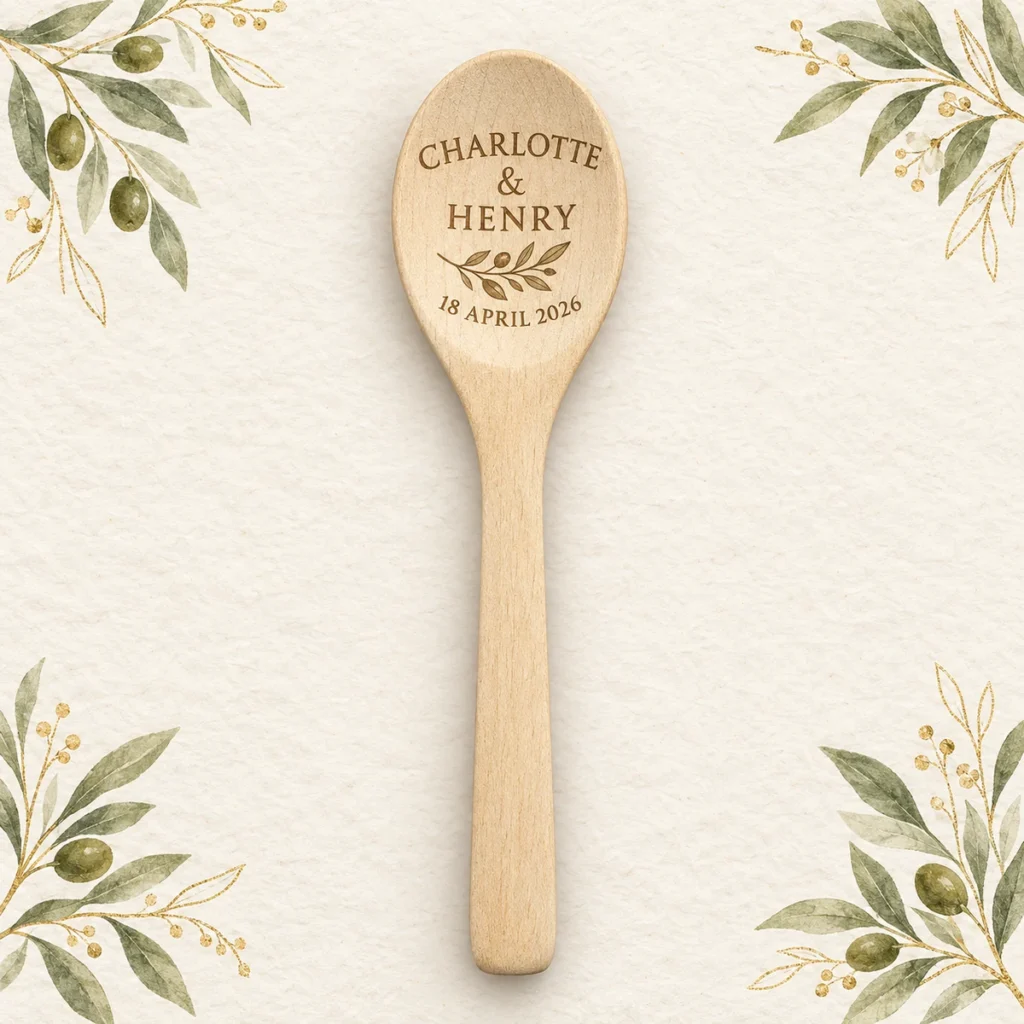 Wooden wedding spoon for Charlotte and Henry dated 18 April 2026